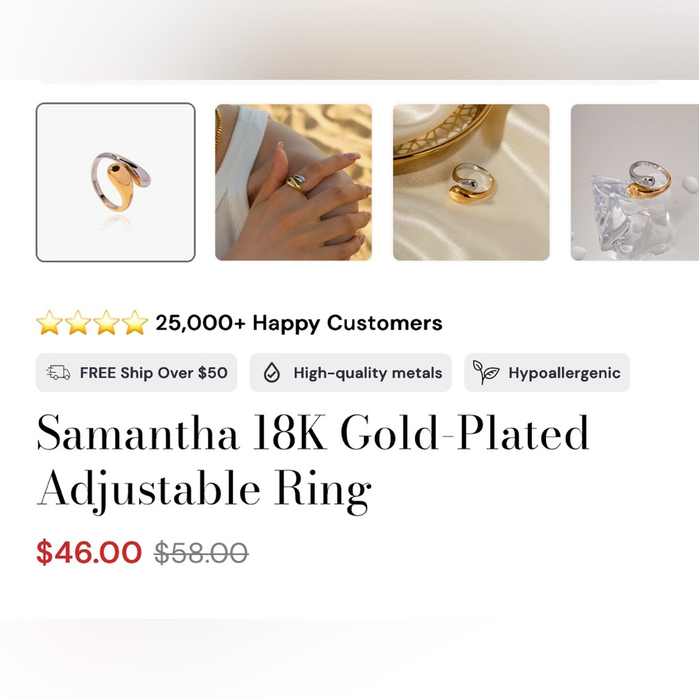 BROOK & BLOOM SAMANTHA 18K GOLD PLATED ADJUSTABLE RING - Picture 6 of 11